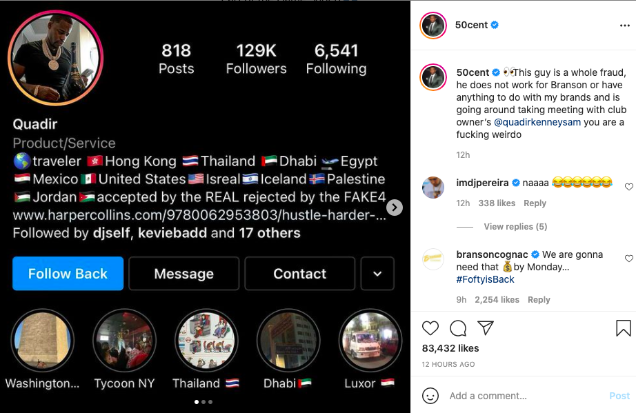 50 Cent blasts man for repping Branson Cognac on his behalf