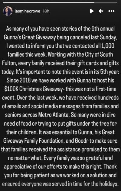 Jasmine Crowe-Houston issues statement on Gunna's Christmas Giveaway