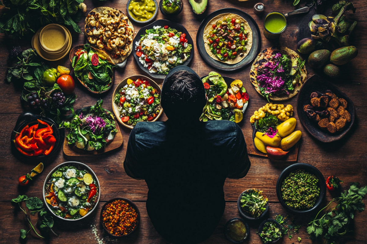 Studio image with vibrant fruits, vegetables, leafy greens, and cruelty-free product elements representing a vegan lifestyle.