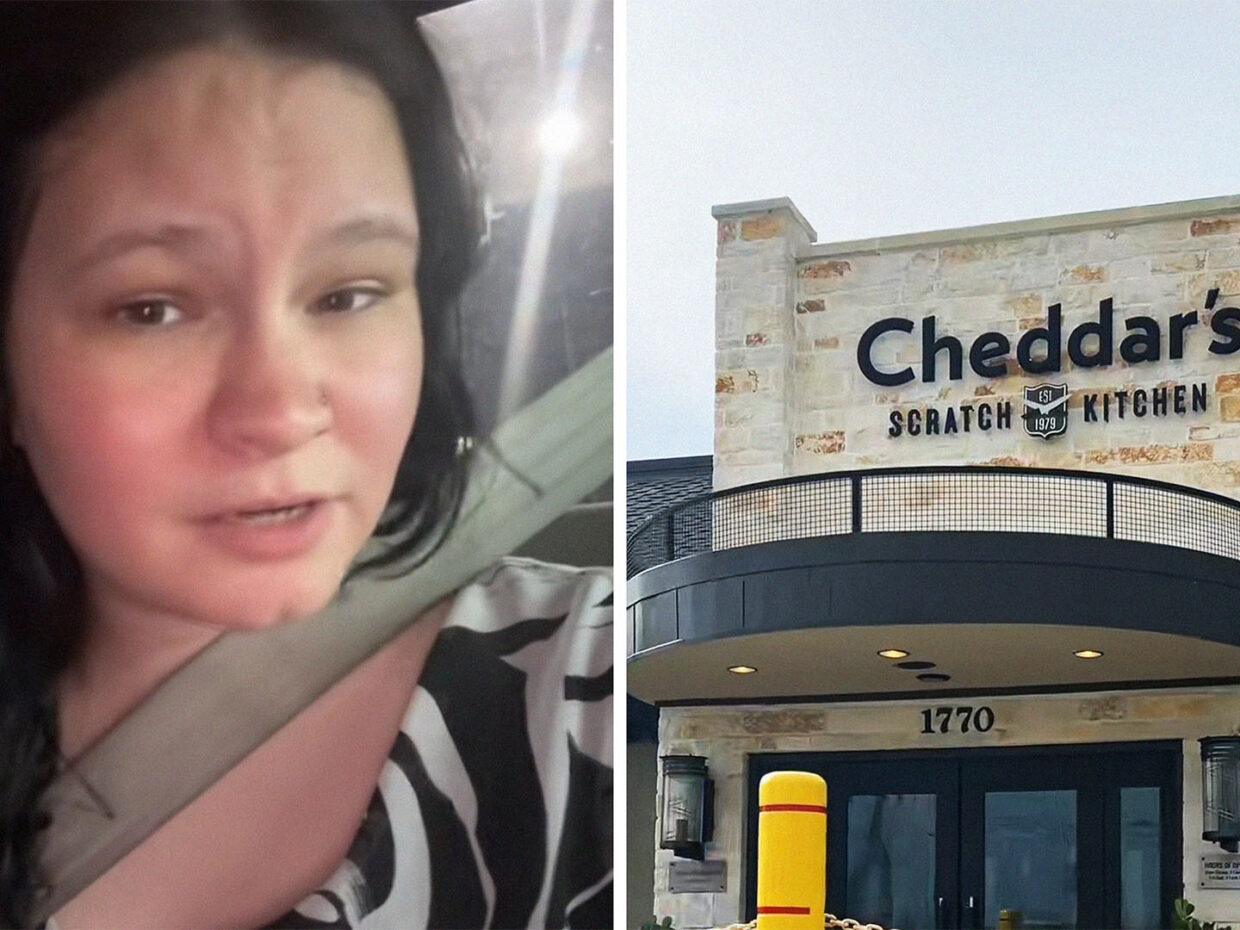 woman wearing seatbelt while inside of car(l) Cheddar's Restaurant Front(r)
