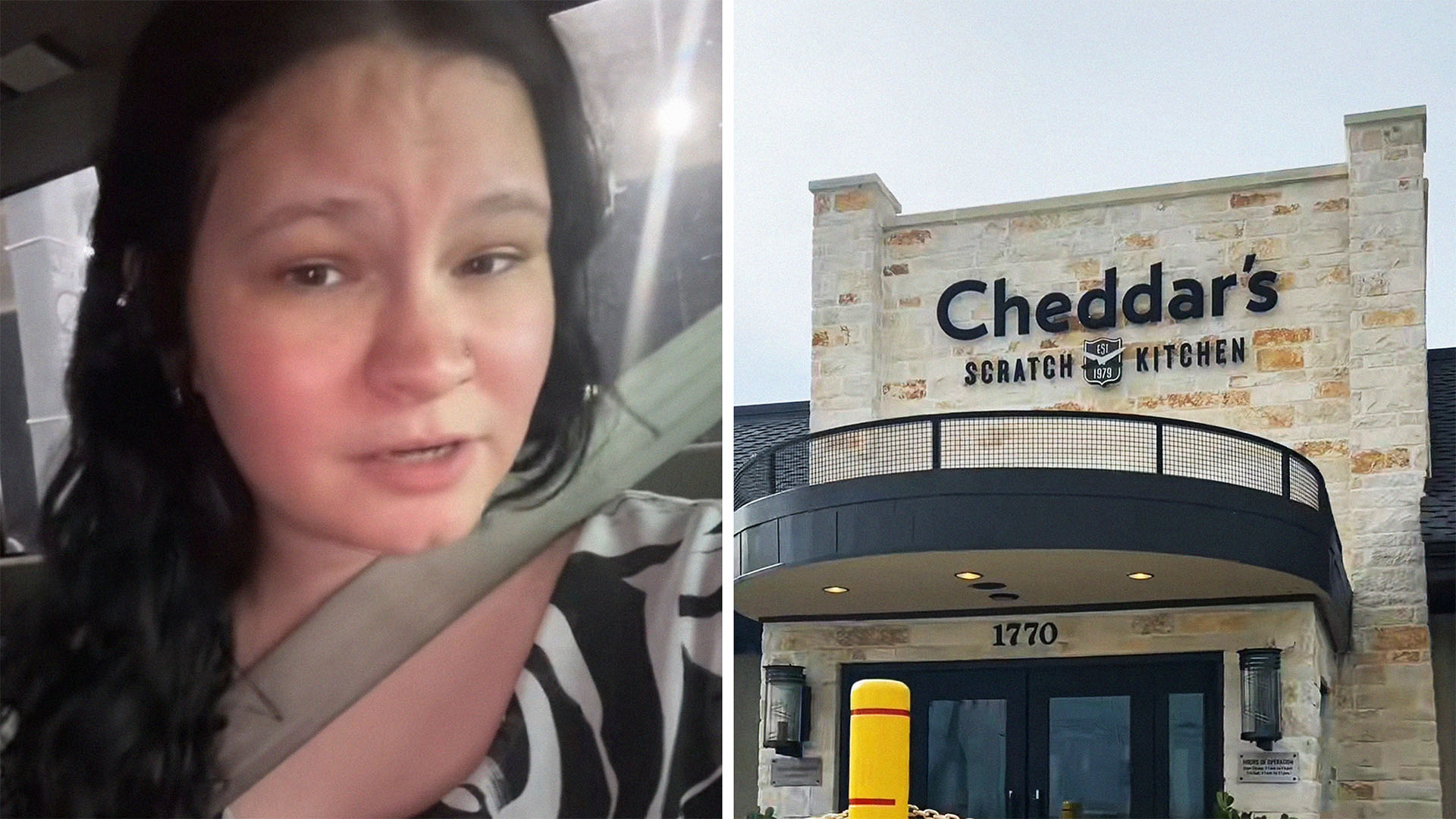 woman wearing seatbelt while inside of car(l) Cheddar's Restaurant Front(r)