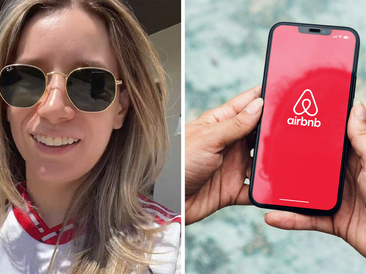 Woman wearing sunglasses(l) Woman holding phone with both hands with Airbnb logo on display(r)