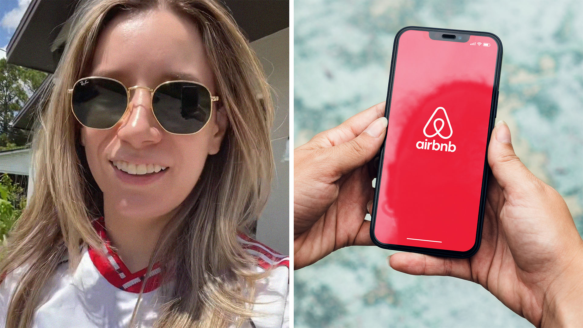 Woman wearing sunglasses(l) Woman holding phone with both hands with Airbnb logo on display(r)