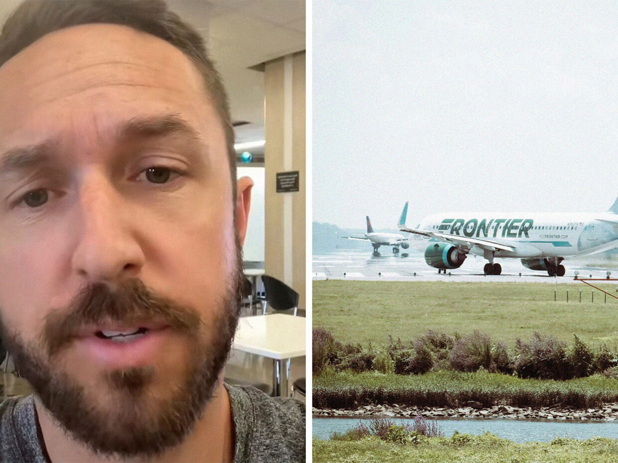 Man wearing grey shirt while at airport(l) View of Frontier Airline Plane(r)