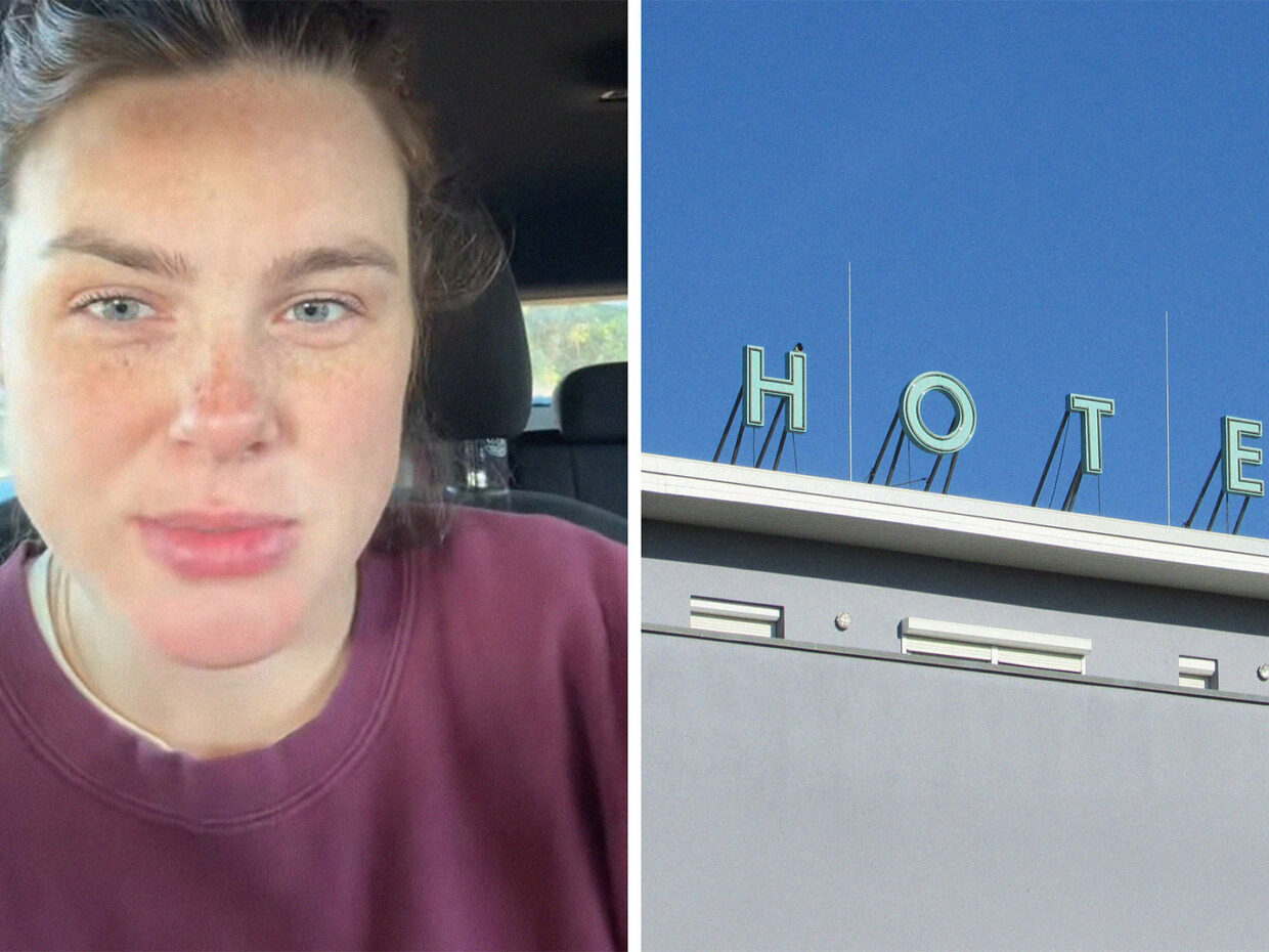 Woman wearing maroon shirt inside of car(l) Hotel Sign on top of building(r)