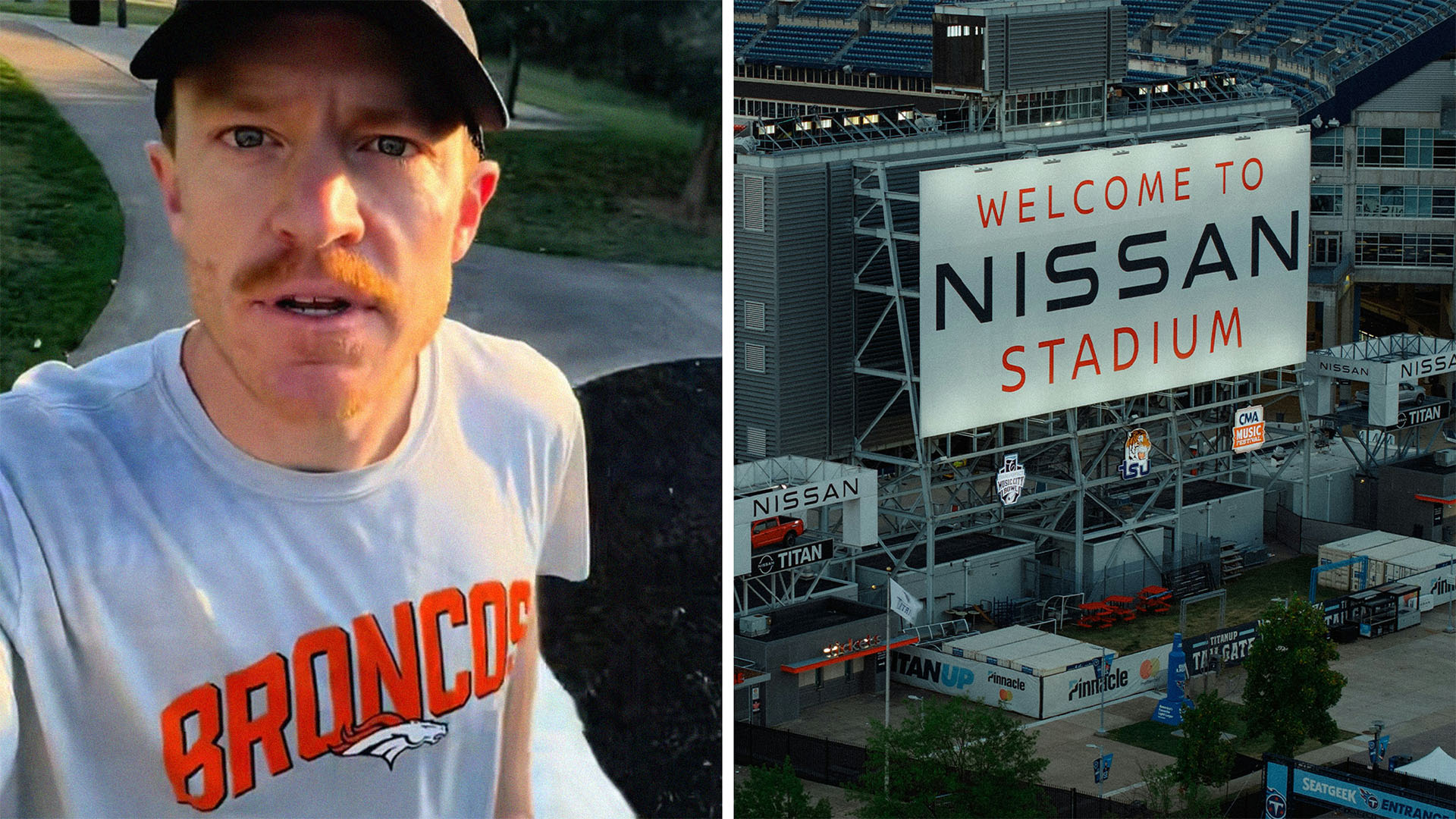Man wearing broncos T Shirt(l) Aerial View of Nissan Stadium(r)