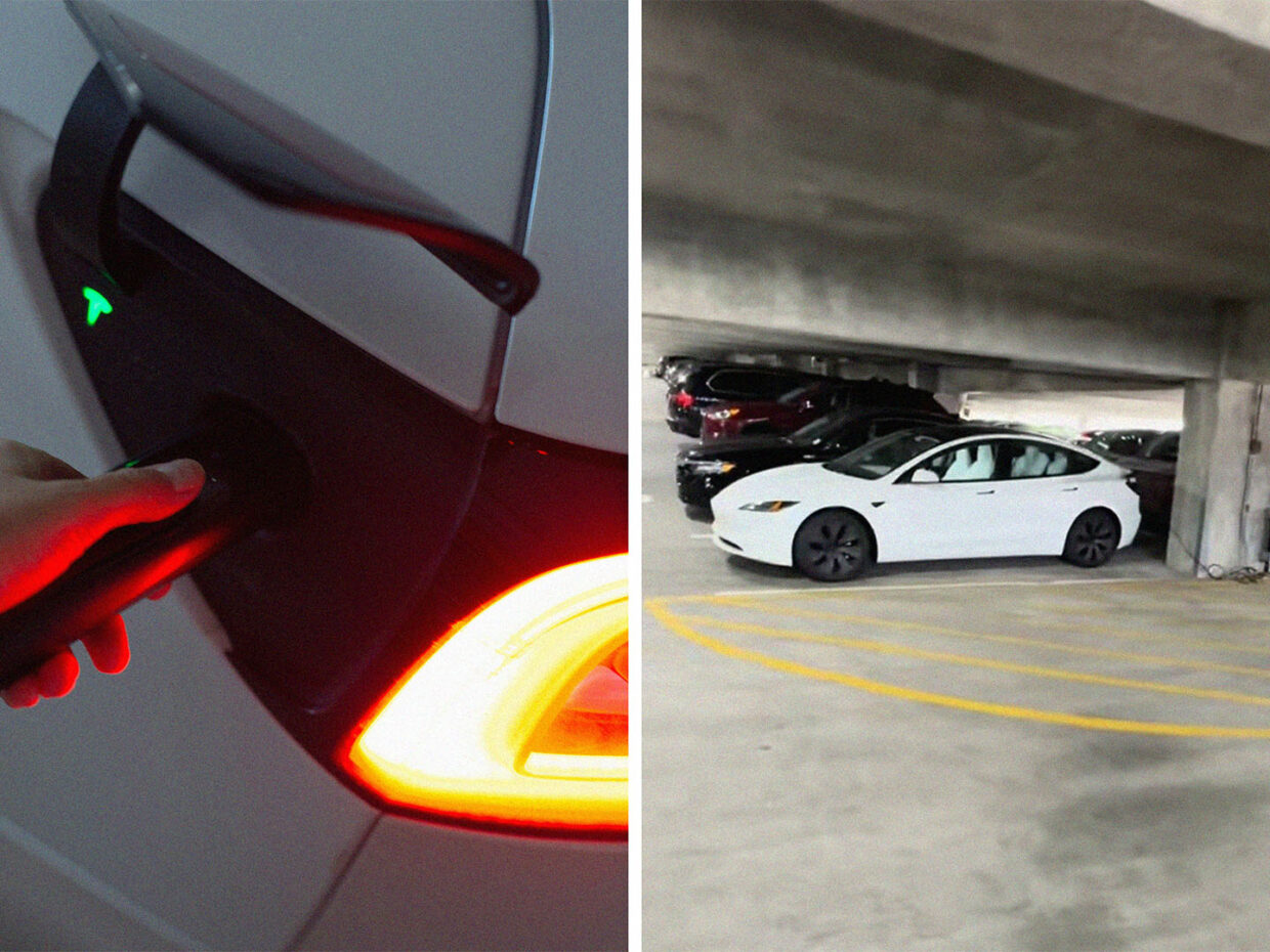 Person connecting Tesla Charger(l) View of Tesla charging in parking lot(r)
