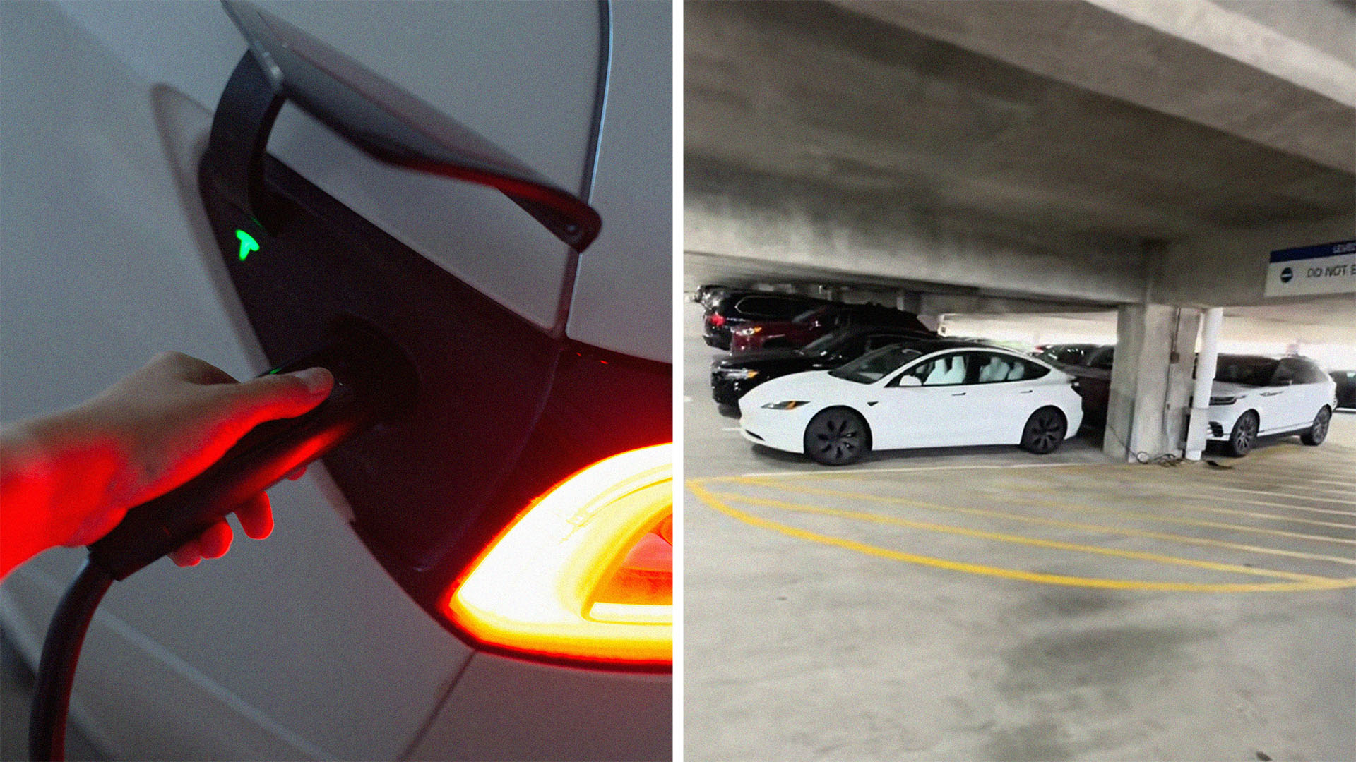 Person connecting Tesla Charger(l) View of Tesla charging in parking lot(r)