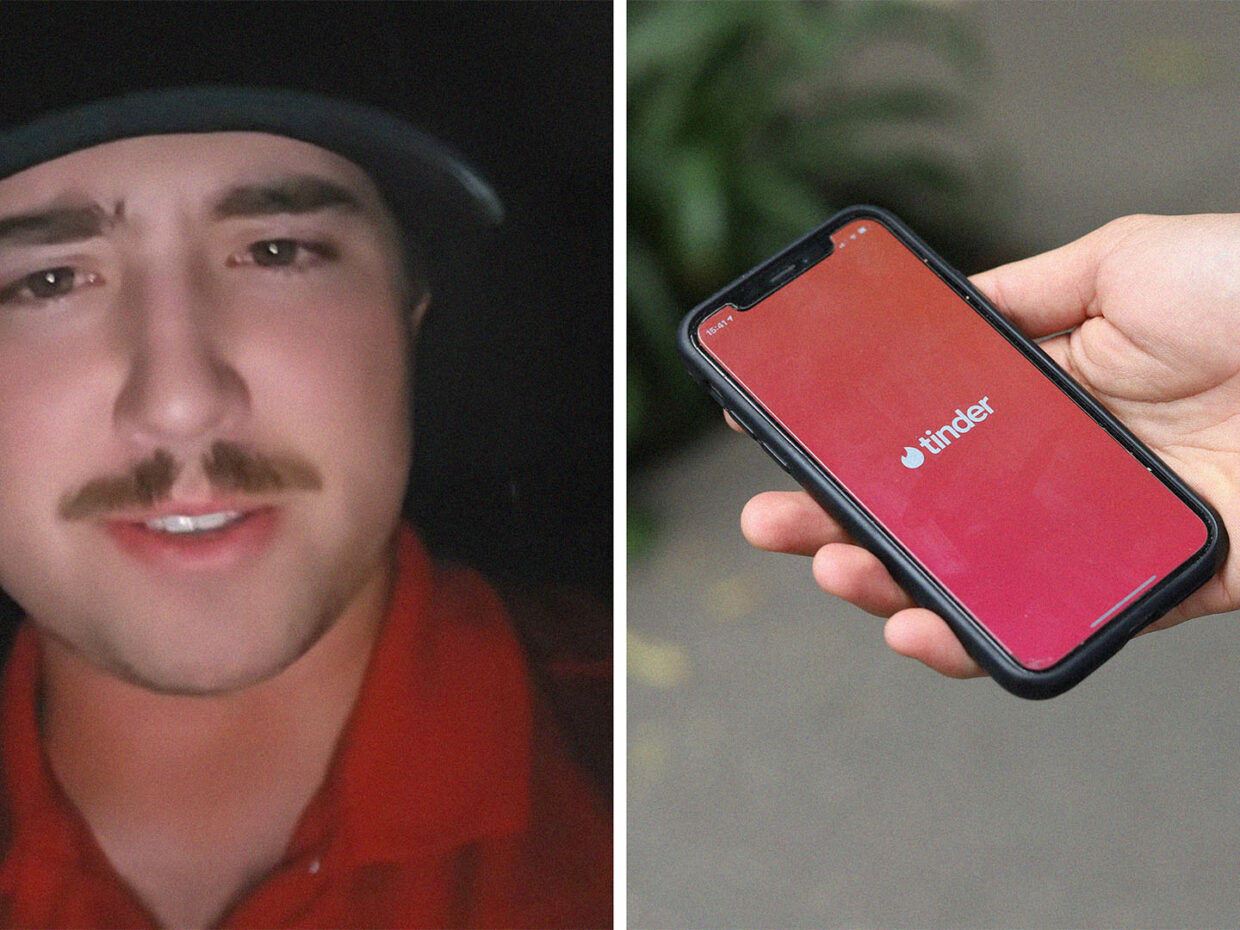 Man wearing red shirt and hat(l) Man holding up iPhone with Tinder app on display(r)