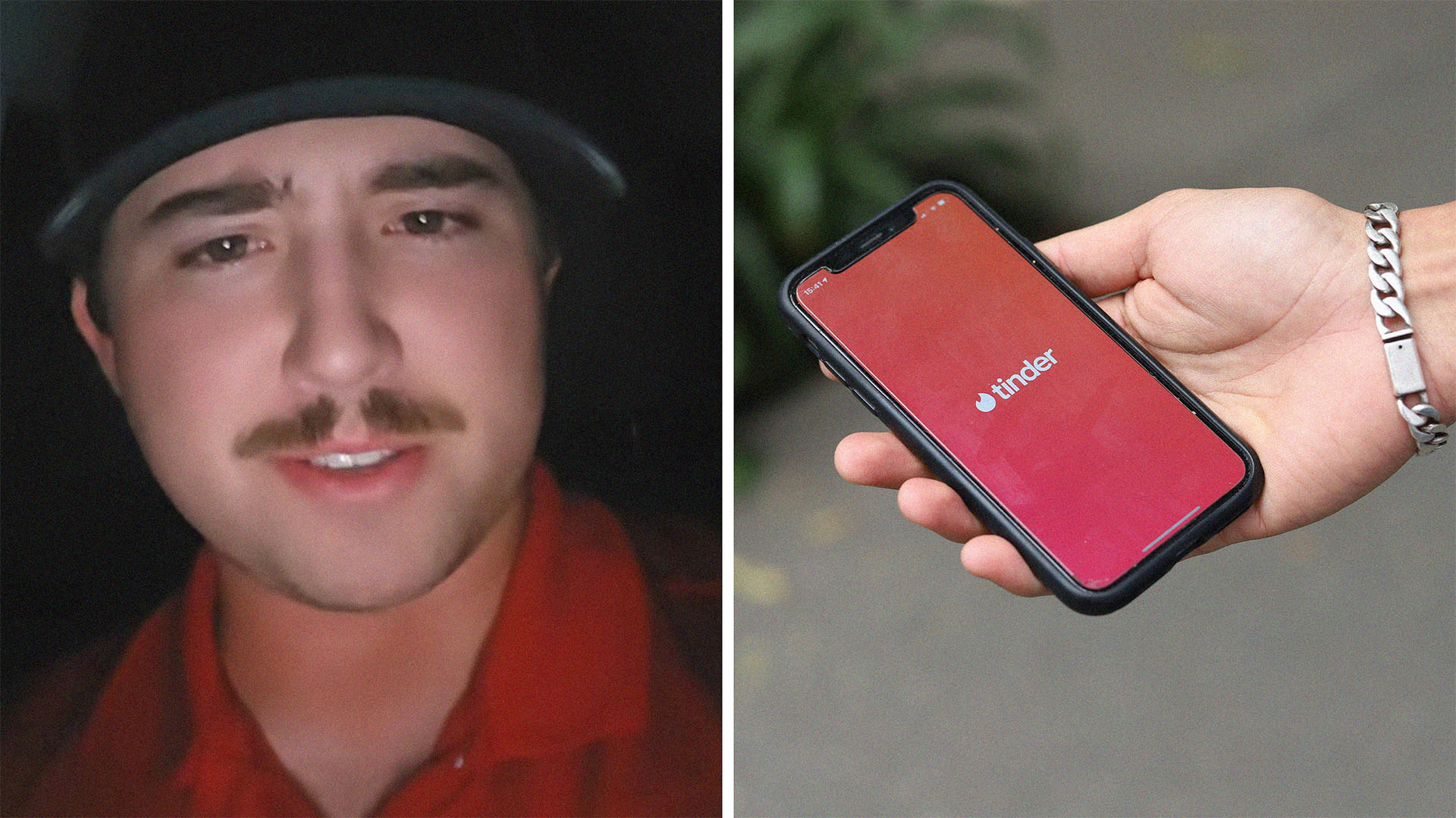 Man wearing red shirt and hat(l) Man holding up iPhone with Tinder app on display(r)