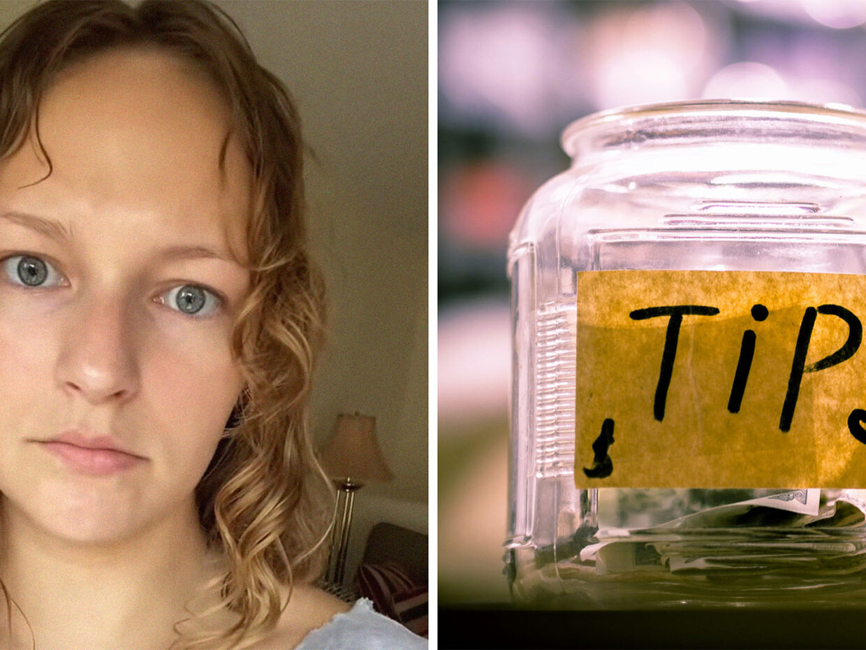 Woman with curly hair wearing grey shirt(r) Glass tip jar(r)