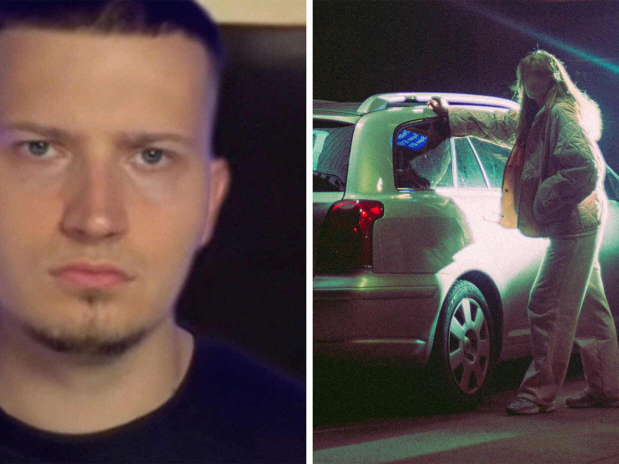 Man wearing navy blue shirt in black background(l) Woman with blurred face standing next to car at gas station at night(r)