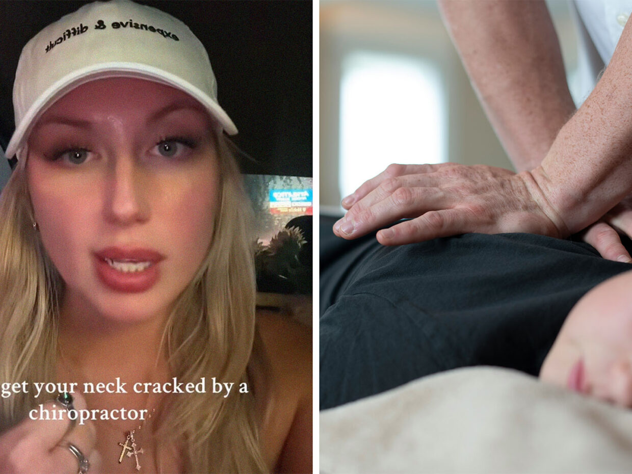 Blonde Woman wearing white hat while inside of car(l) Woman getting chiropractor procedure(r)