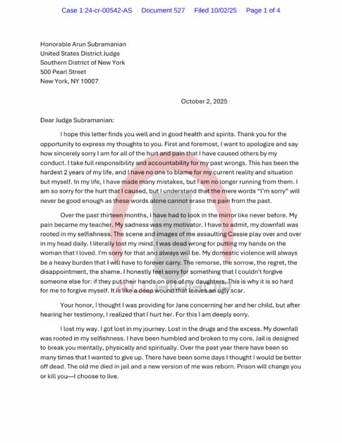 Diddy Letter to Judge before Sentencing
