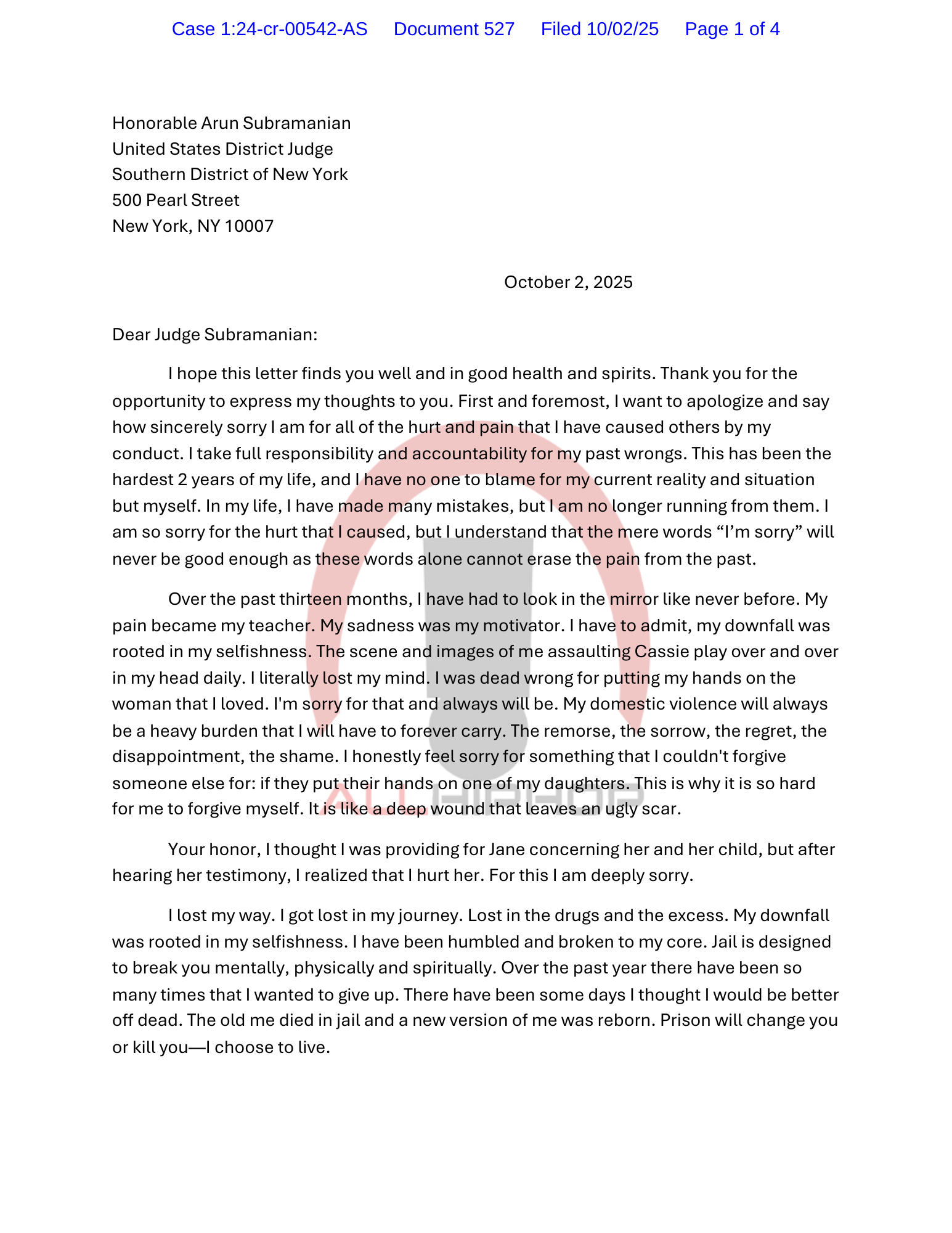 Diddy Letter to Judge before Sentencing
