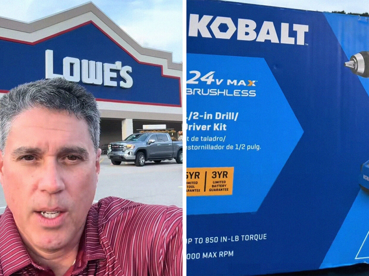 Man standing outside of Lowe's Store(r)Kobalt Drill box(r)