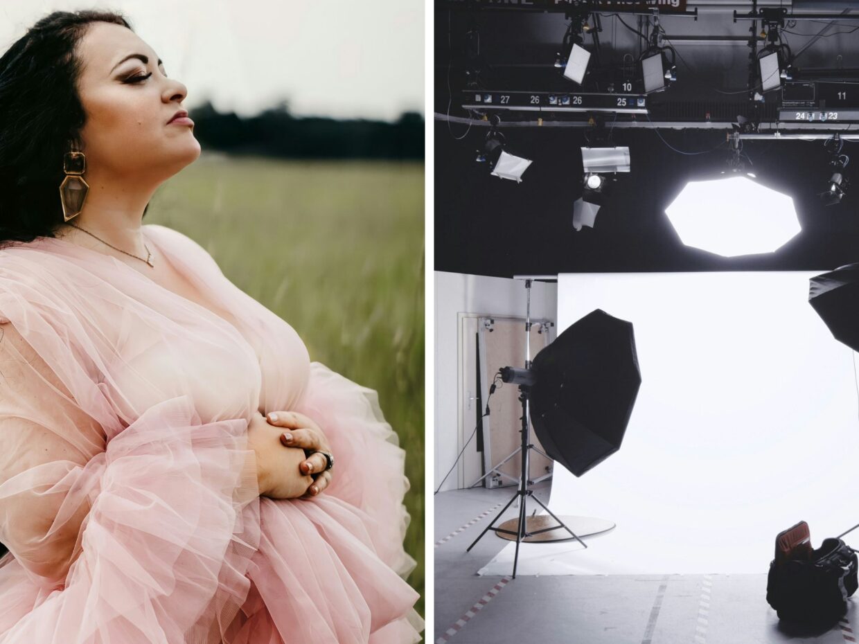 pregnant woman posing (l) photo shoot area (r)
